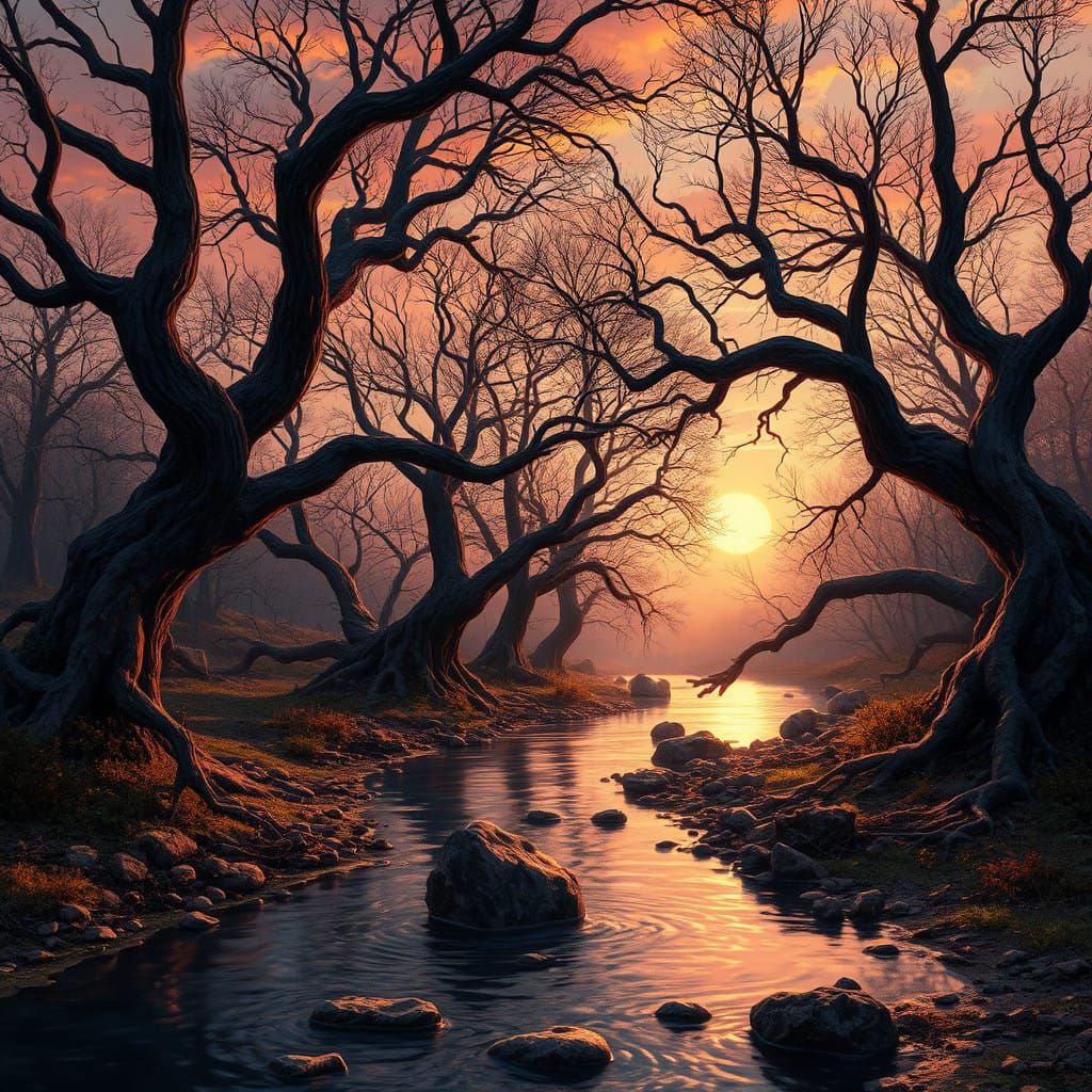 Ethereal Sunset Landscape with Gnarled Trees
