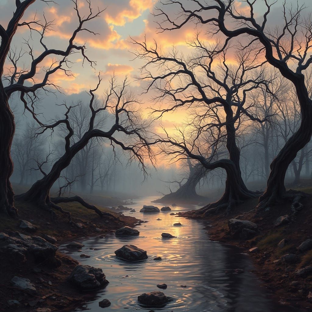 Ethereal Sunset Stream Amidst Gnarled Trees