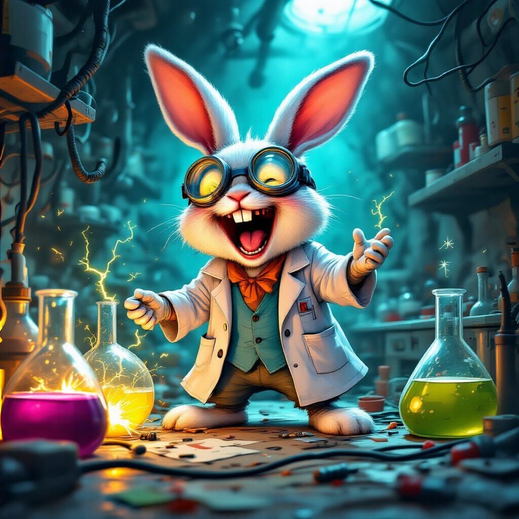 Cartoon Mad Scientist Bunny in Chaotic Lab