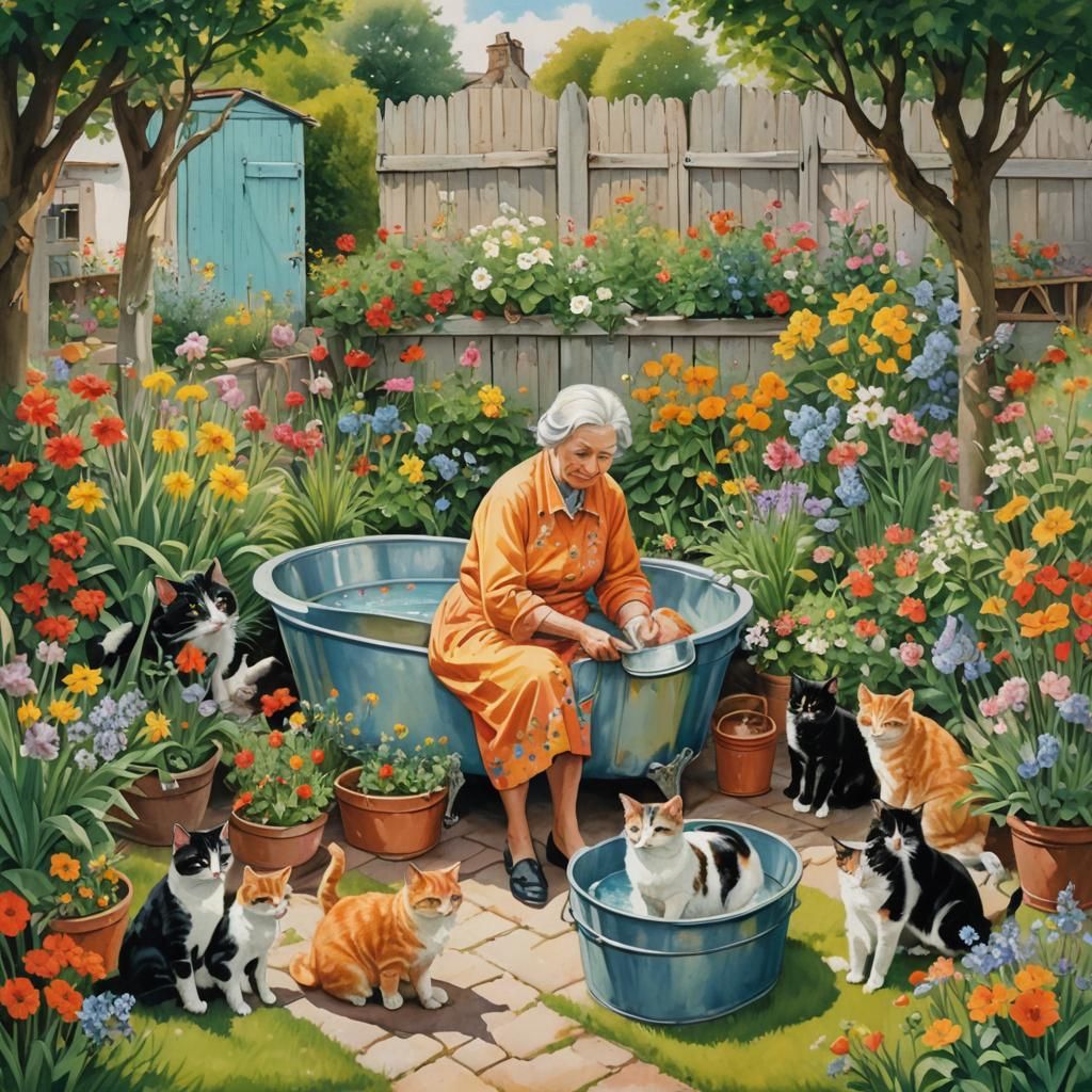Colorful Gouache Painting: Old Woman's Bath