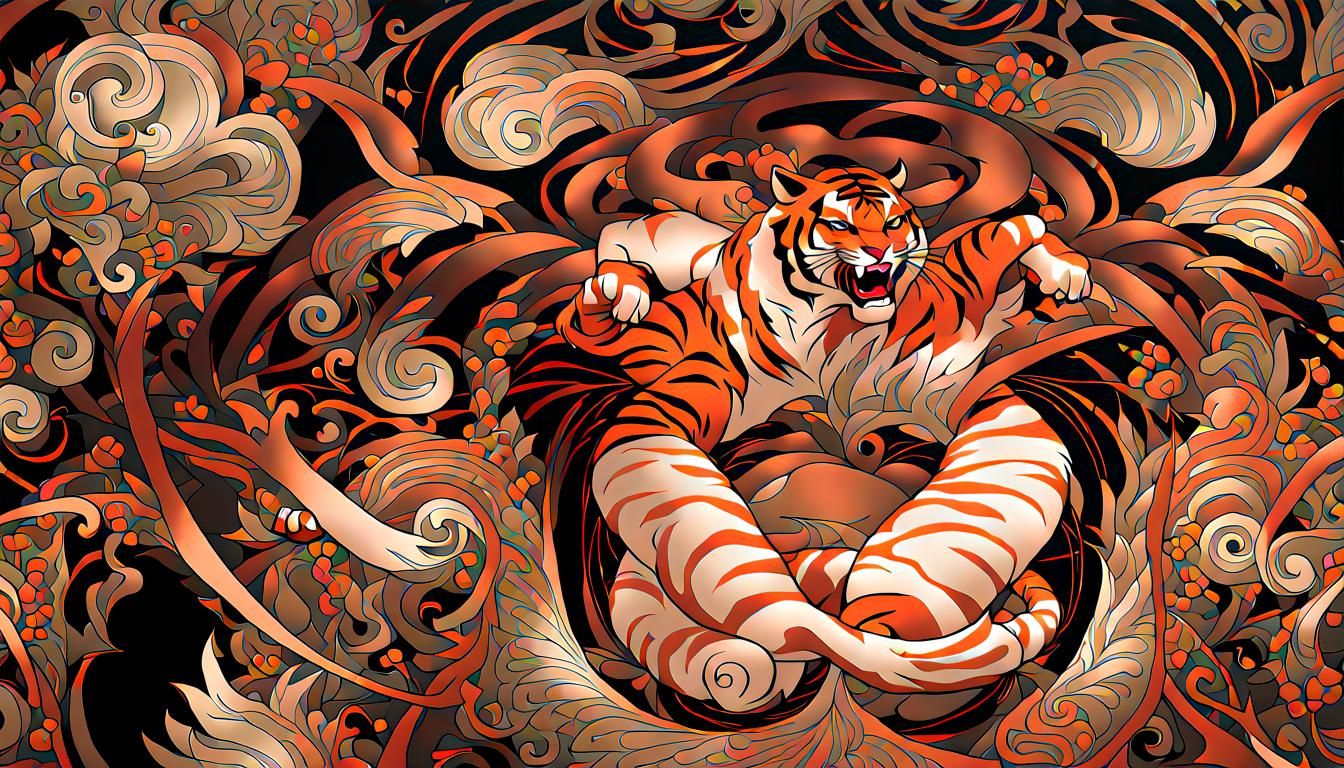 Tiger and Sumo Wrestler Art Nouveau Poster