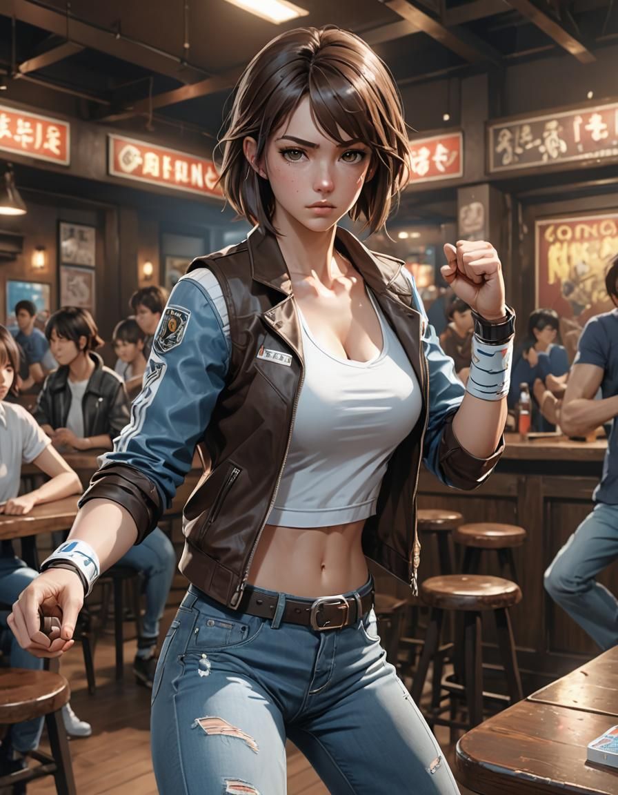 Anime-Inspired Woman Boxer in Bar, 3D Render