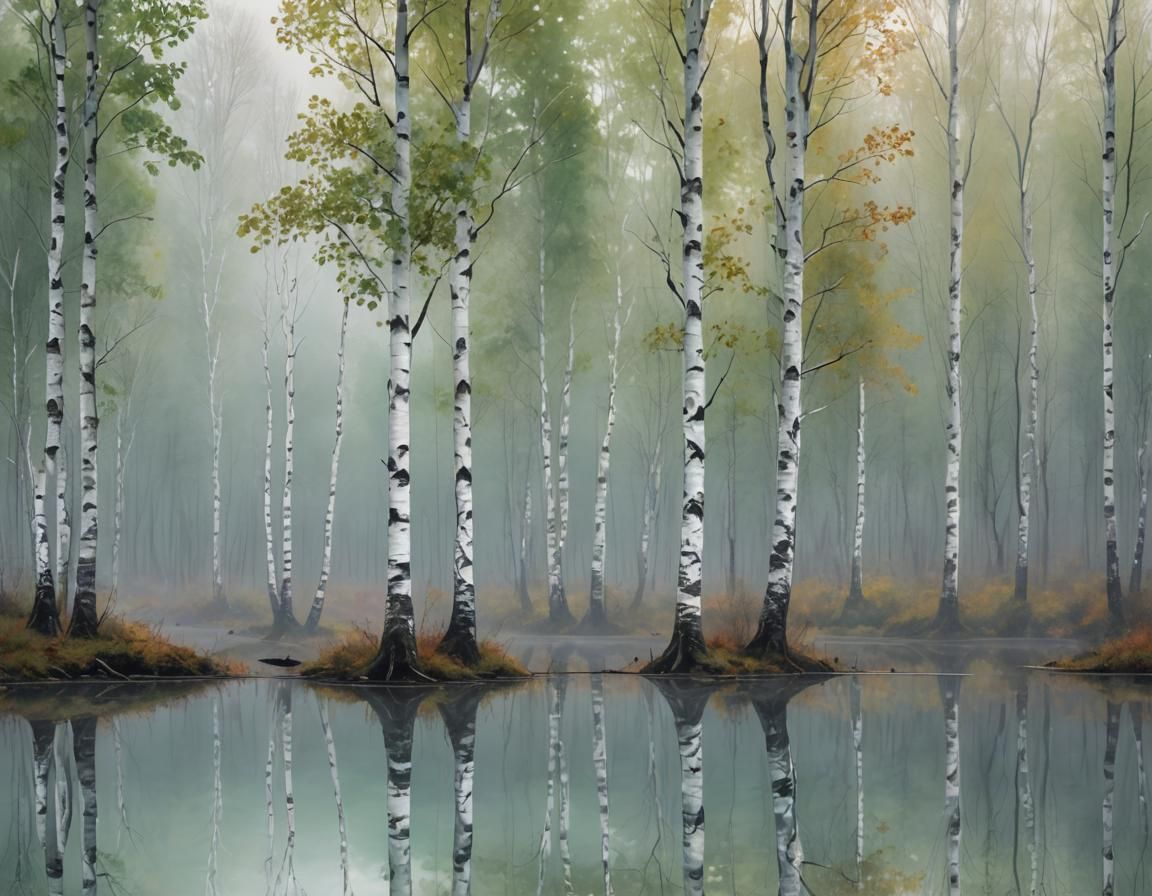 Misty Minimalist Birch Forest Lake Reflection