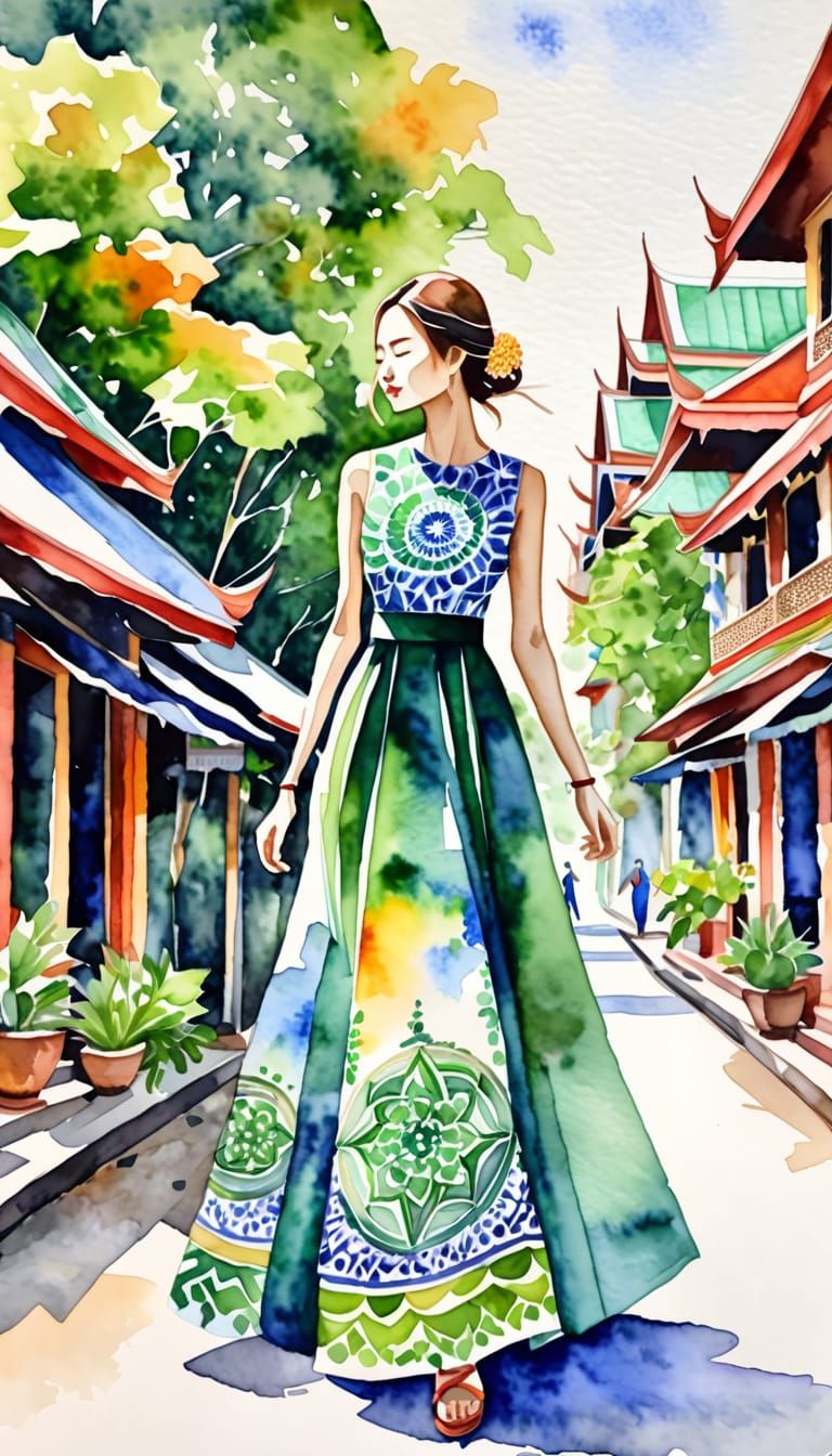 Vibrant Thai Street Scene in Watercolor
