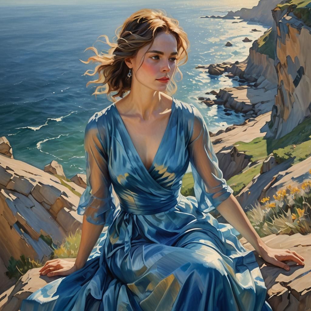 Woman in Blue Dress, Impressionistic Style Painting