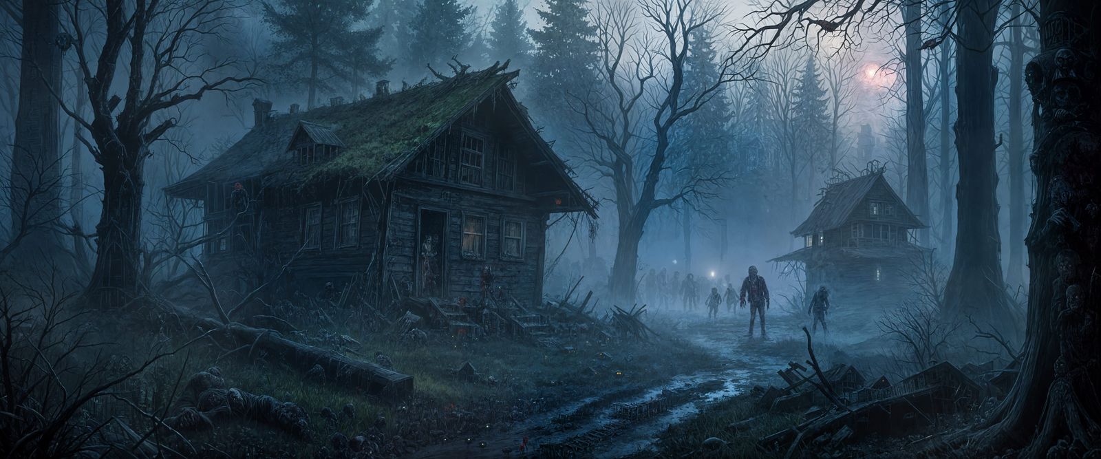 Noir Zombie Horror in Foggy Forest Painting