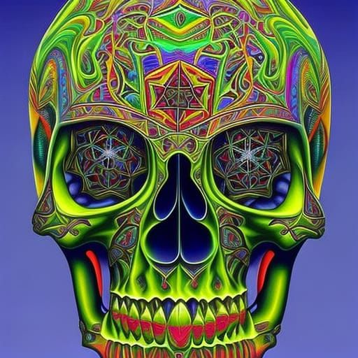 skull, prismatic, jeweled, by artist "Alex Grey", 16k Resolution, Highly Detailed, Beautiful Composition, Deep Color, In...