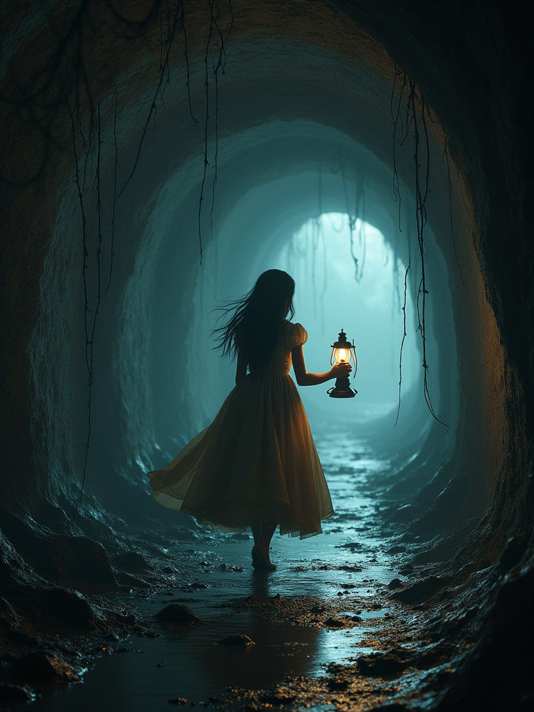 Girl with Lamp in Dark Underground Tunnel