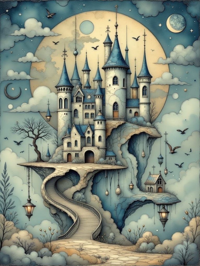 Whimsical Doll-Shaped Castle Floats Under Twin Moons