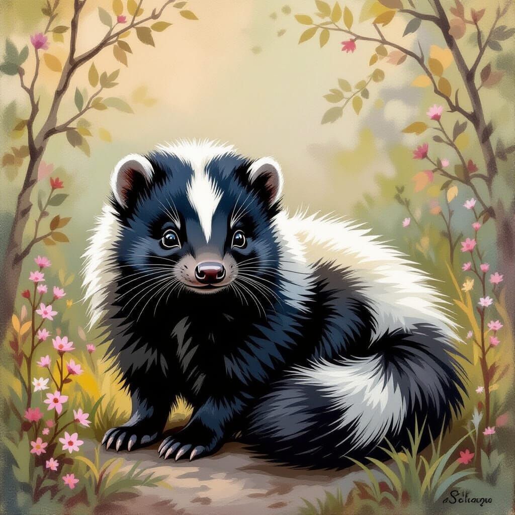 Peaceful Skunk Gouache Painting with Gentle Nature