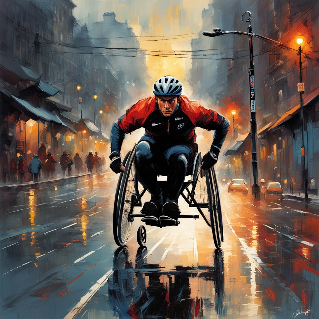 Paralympic Athlete in Rainy Street: Digital Painting