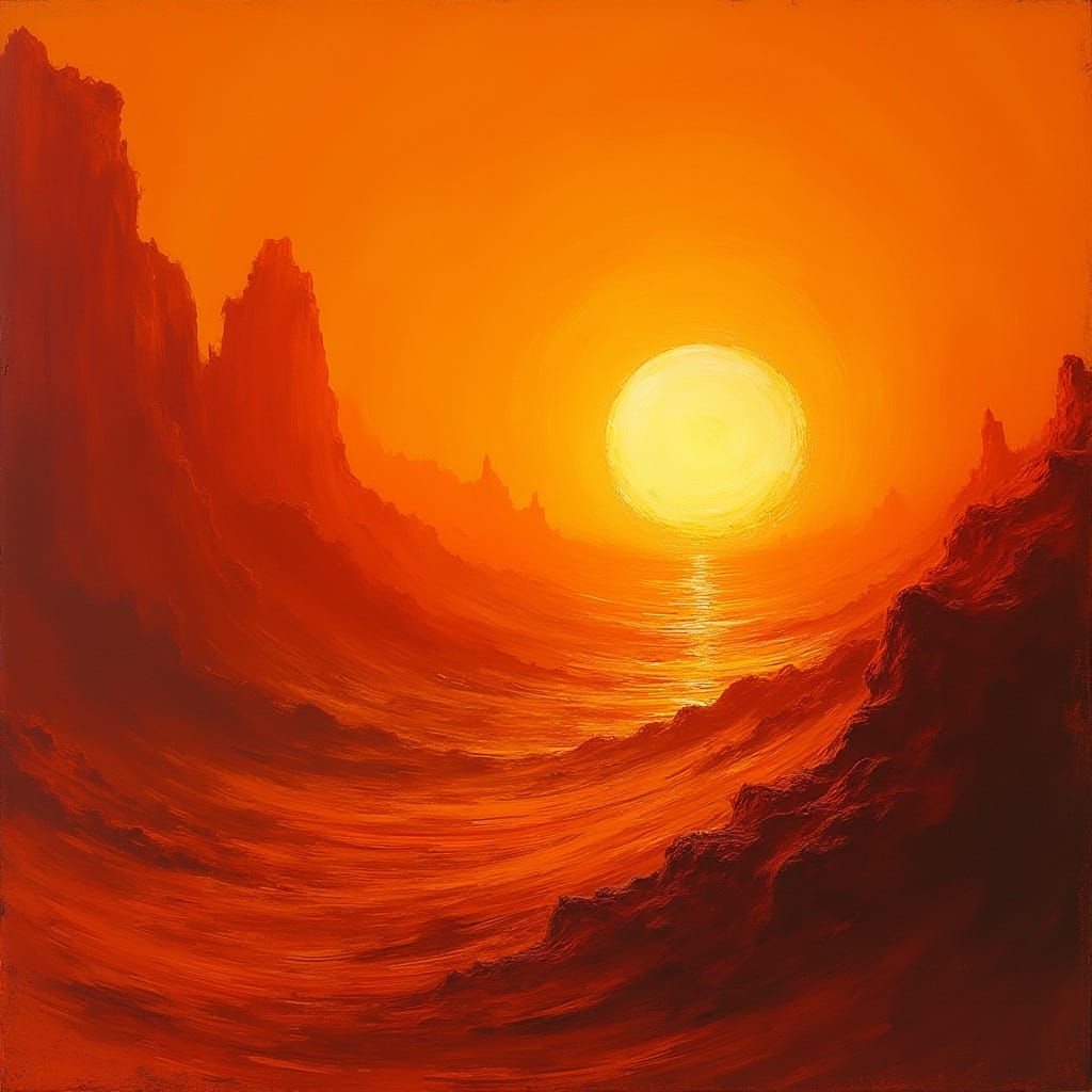 Abstract Orange Sunset Landscape in Syd Mead Style