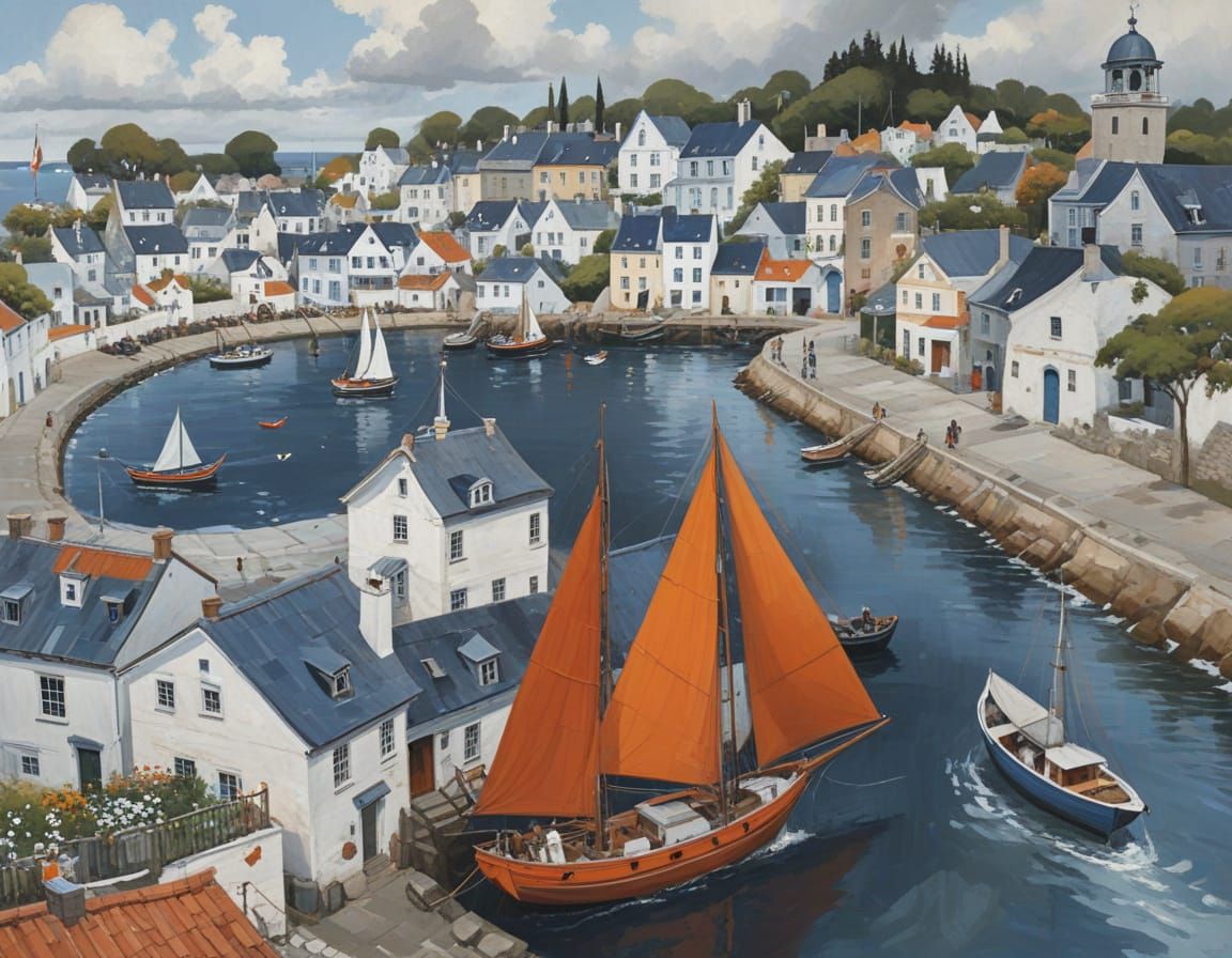 Seaside Harbor Village Painting with Orange Sailboats
