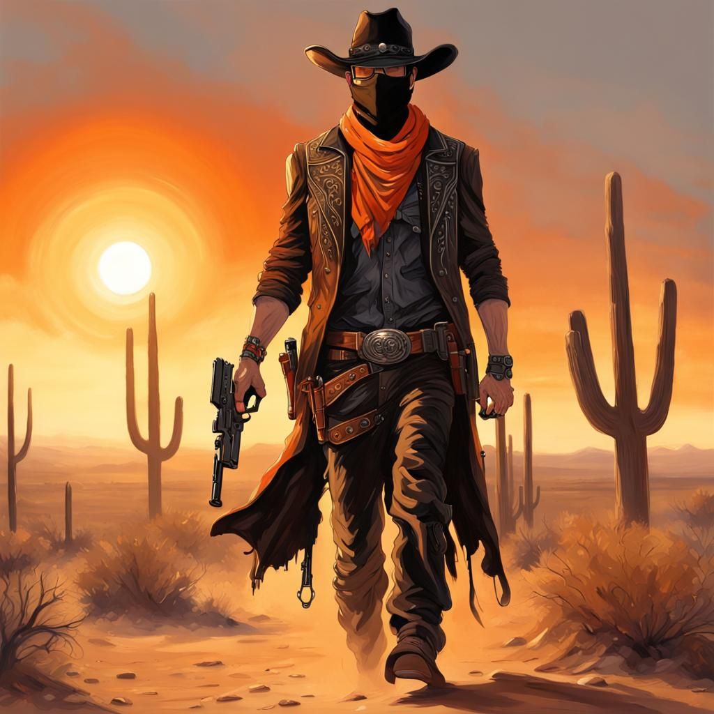 Western Outlaw Walking in Desert at Sunset