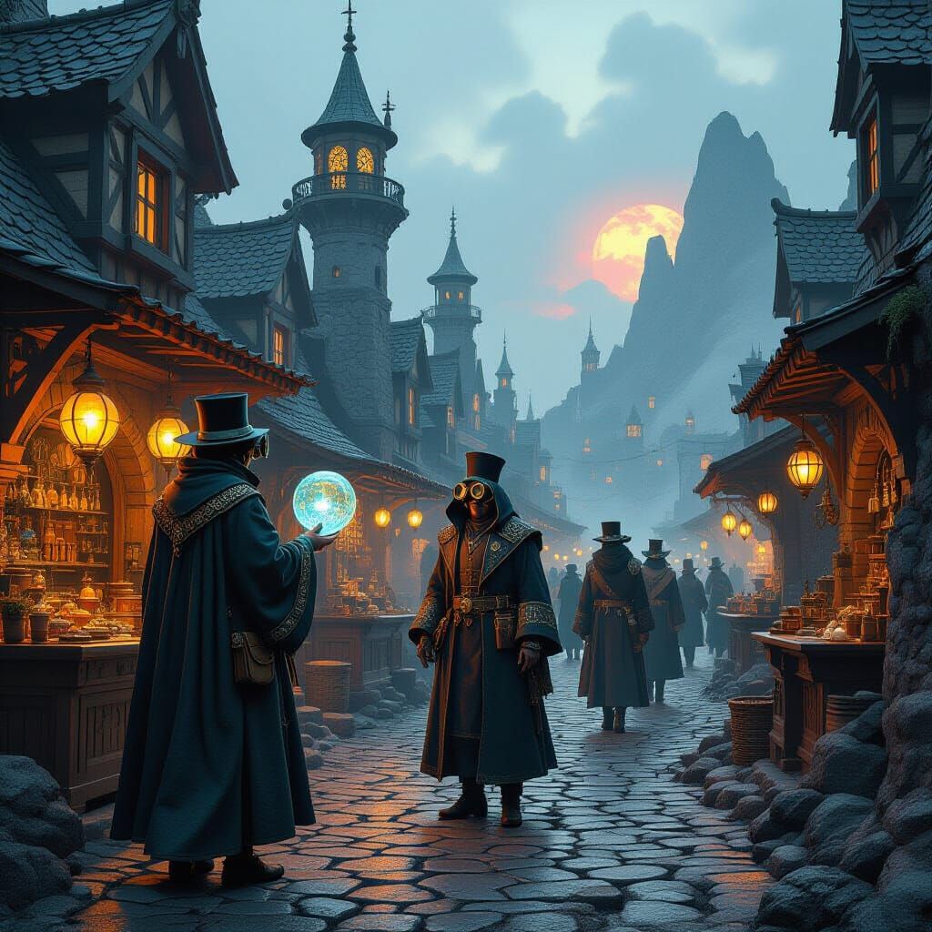 Steampunk Medieval Market in Volcanic Crater