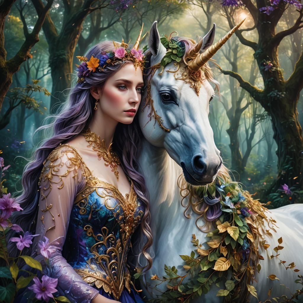 Unicorn and Lady Portrait in Bellini Style