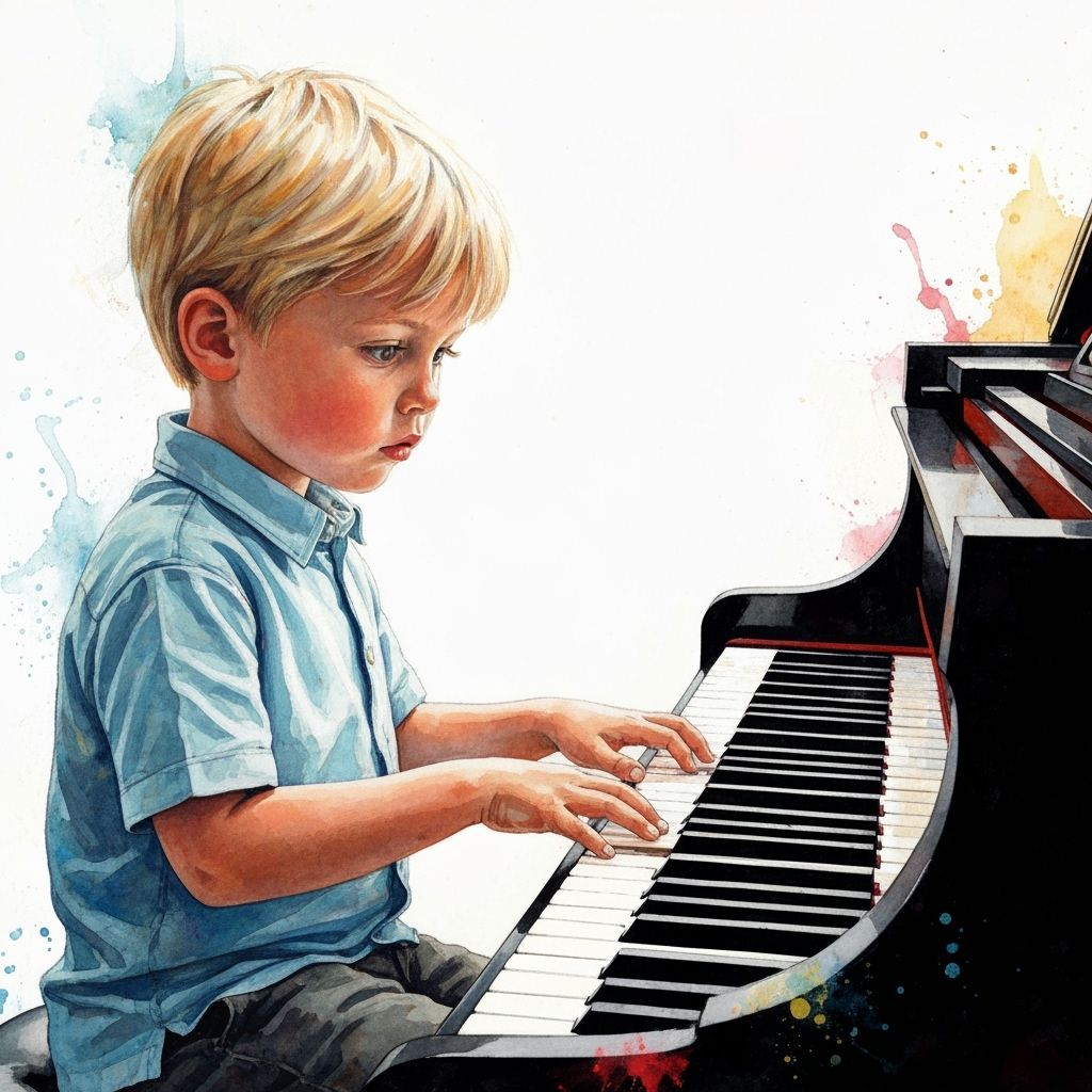 Blond Boy Plays Piano with Expressive Watercolor Style