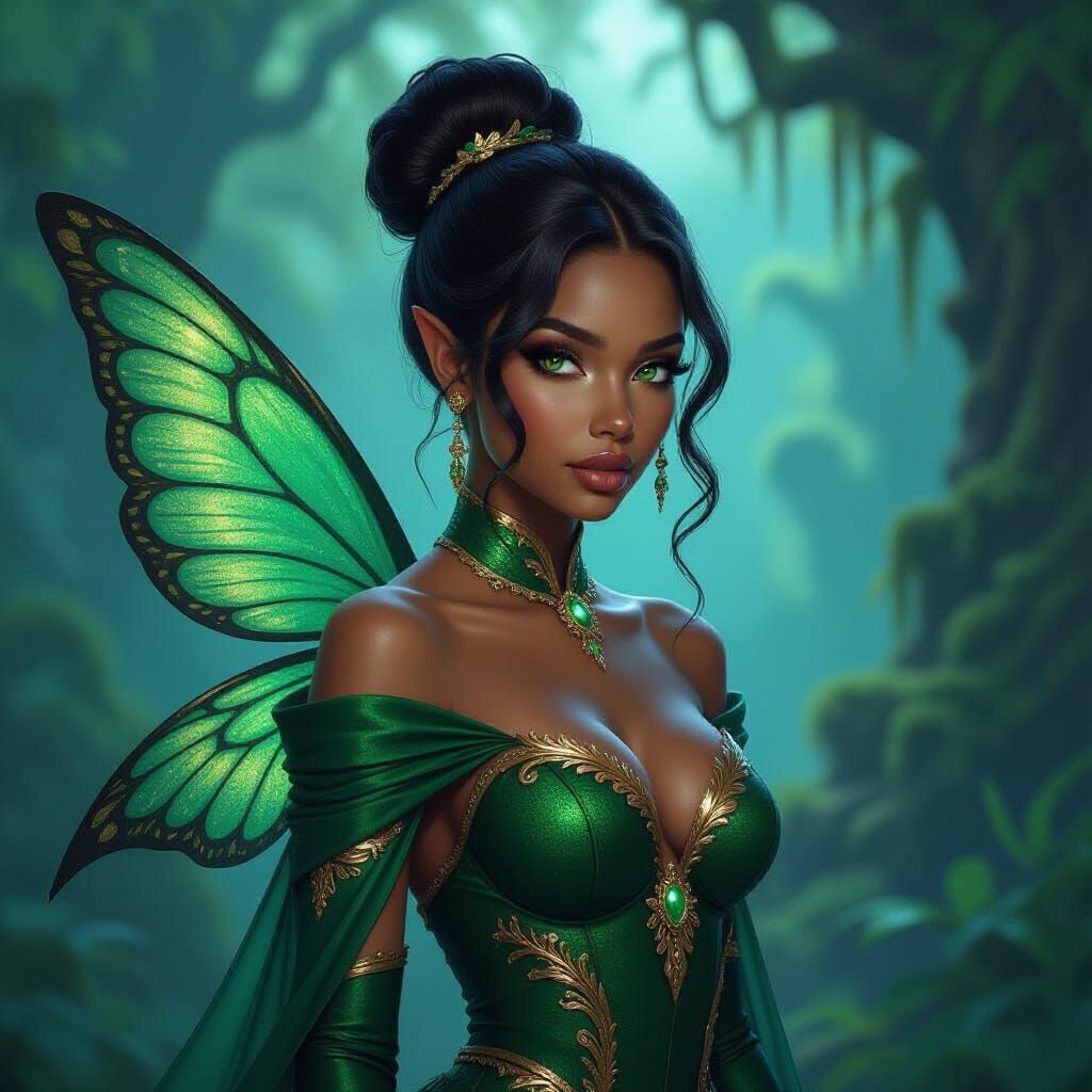 Fairy with Ebony Skin in Emerald and Gold