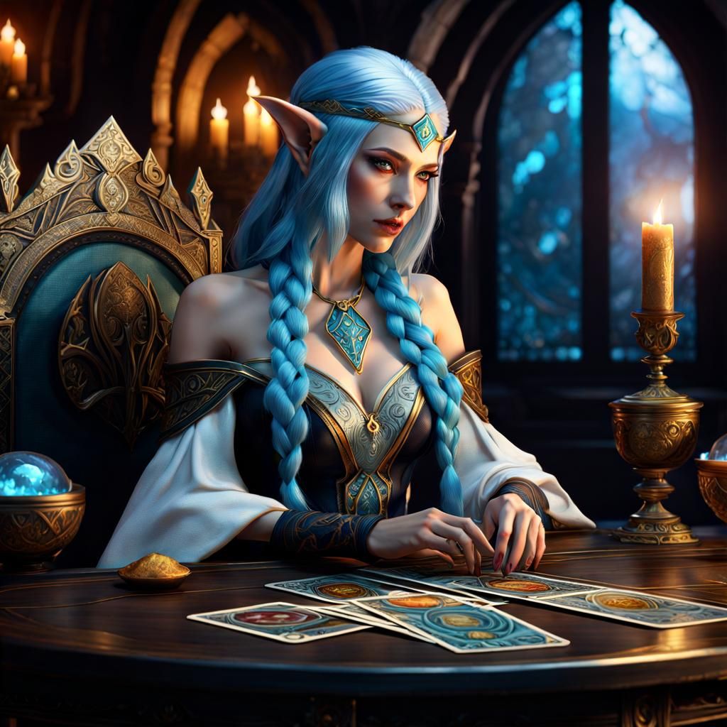 Elf Sorceress Reading Tarot Cards, Dark Fantasy Art
