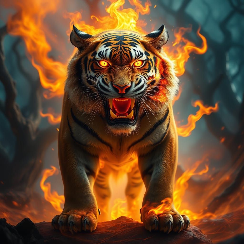 Majestic Tiger Erupts with Fiery Fury in Ancient Forest