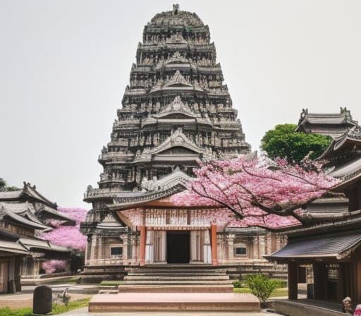 Chola Temple Amidst Japanese Cherry Blossoms: 4K Photo