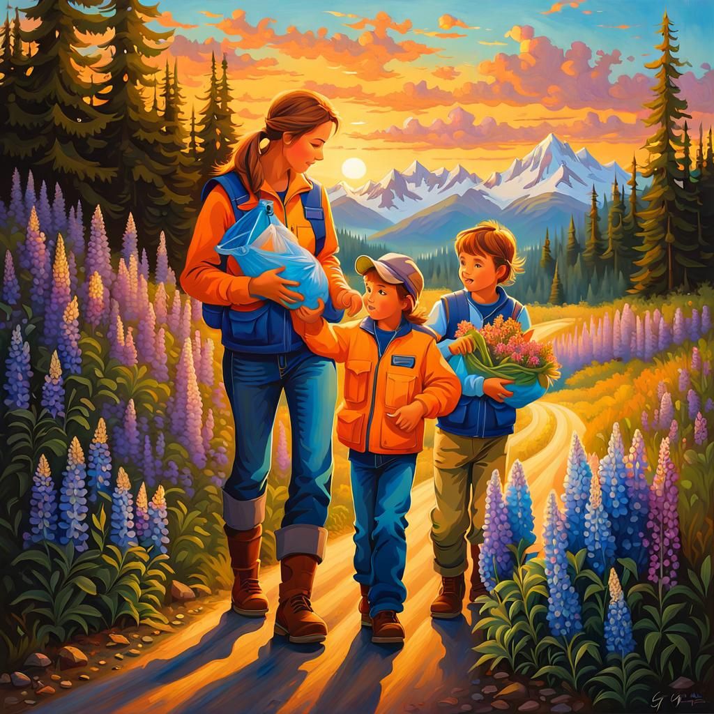 Family Cleans Up Alaskan Roadside: Oil Painting