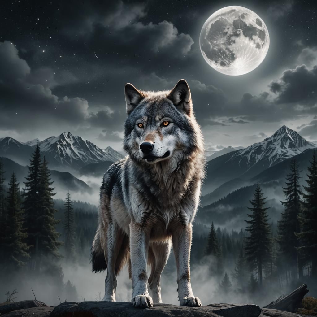 Majestic Gray Wolf Howling Under Moonlight: Digital Matte Pa...