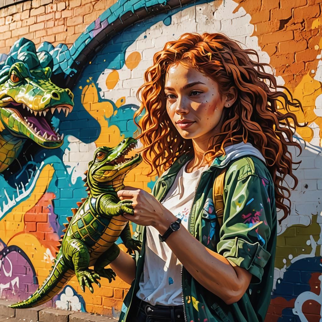Ginger Girl with Crocodile: Vibrant Graffiti Street Art