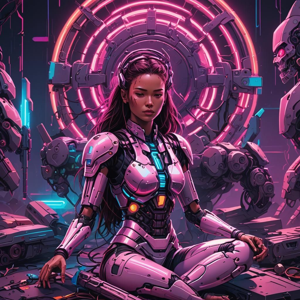 Cyborg Meditation in Synthwave Neon Retro Style