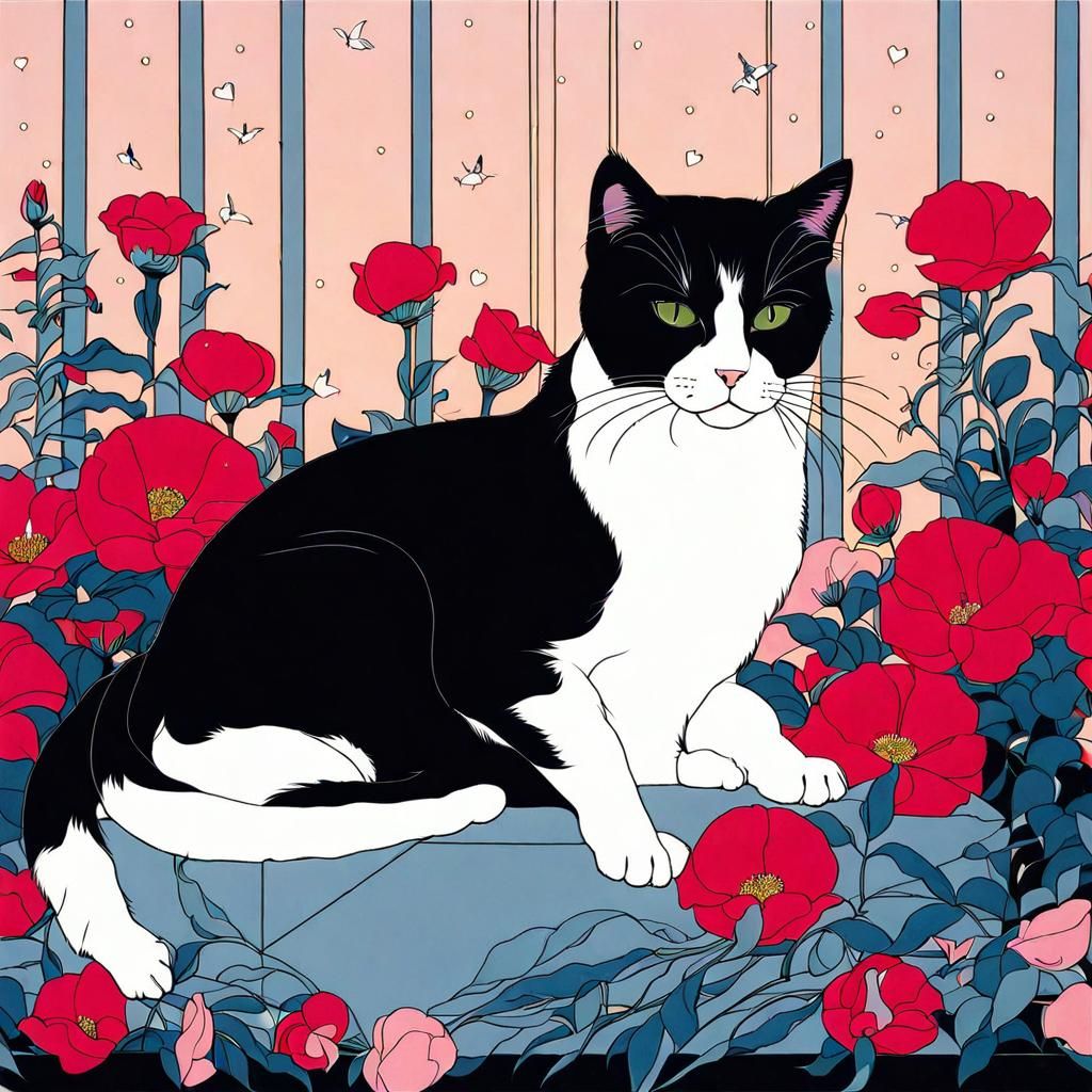 Cat on Pillow in Art Deco Style