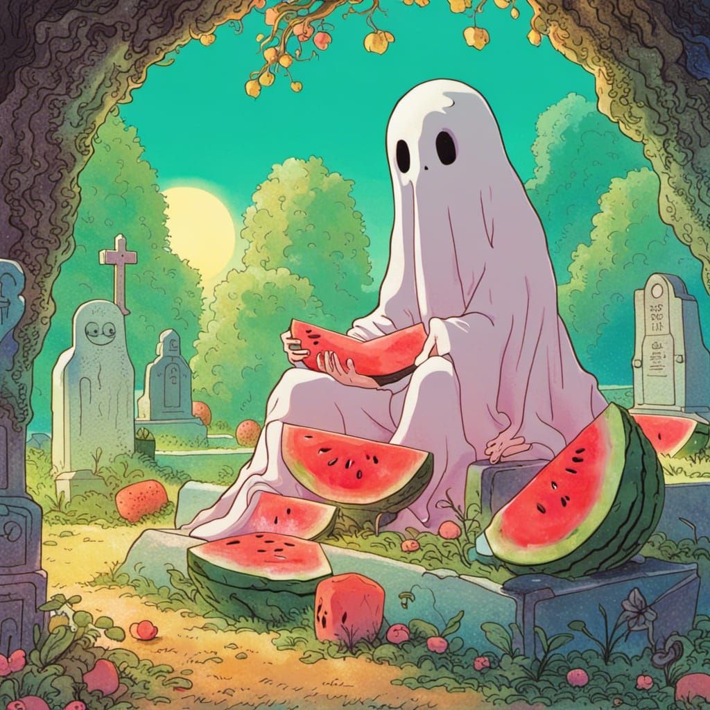 Ghostly Feast: Watermelon in a Vaporwave Graveyard