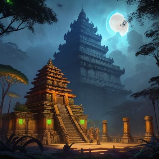 Aztec Cyborg Warrior in a Dreamlike Jungle Temple