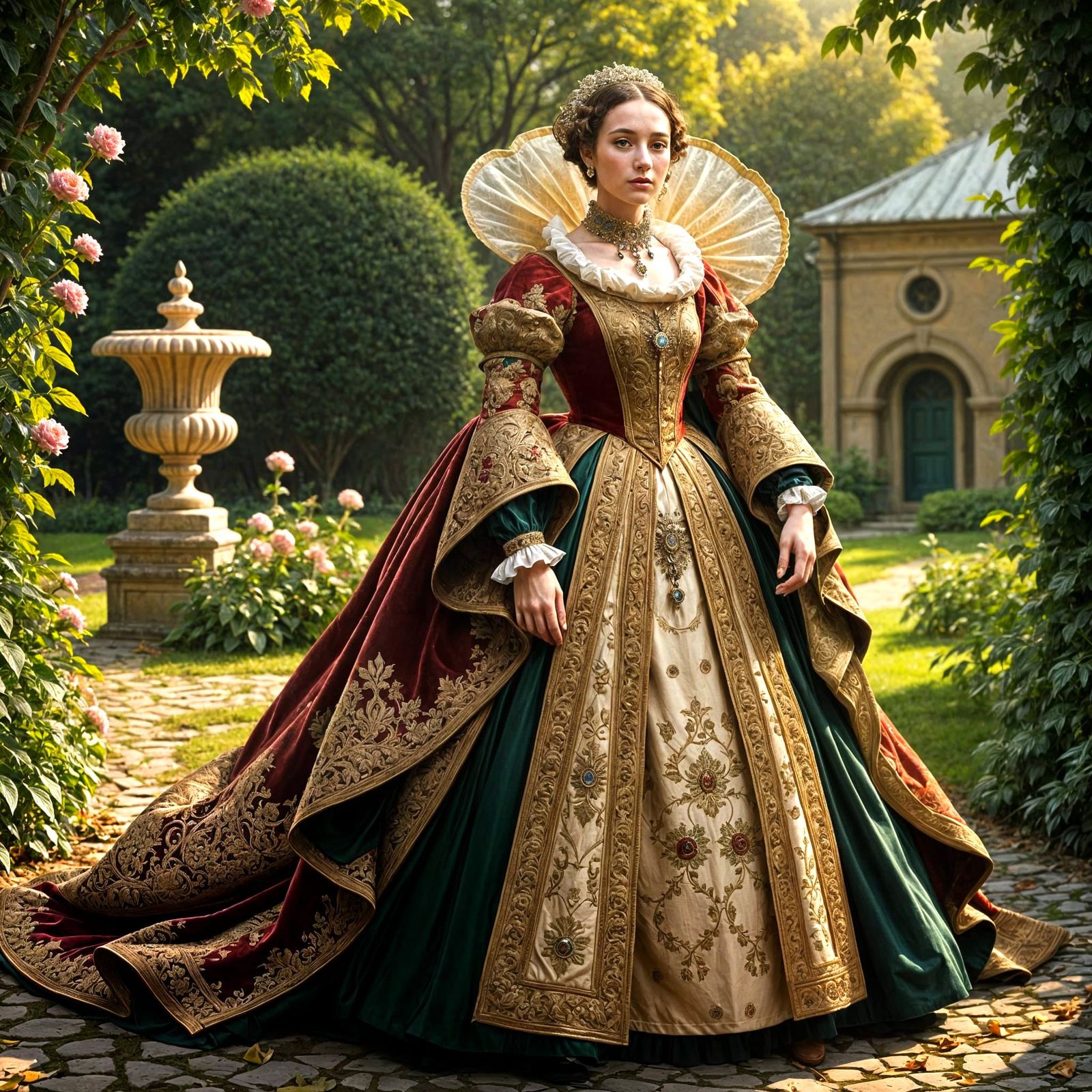 Elizabethan Noblewoman in Manicured Garden
