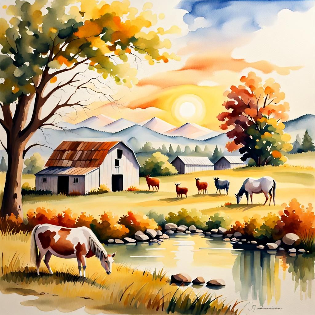 Peaceful Rural Landscape in Watercolor Painting