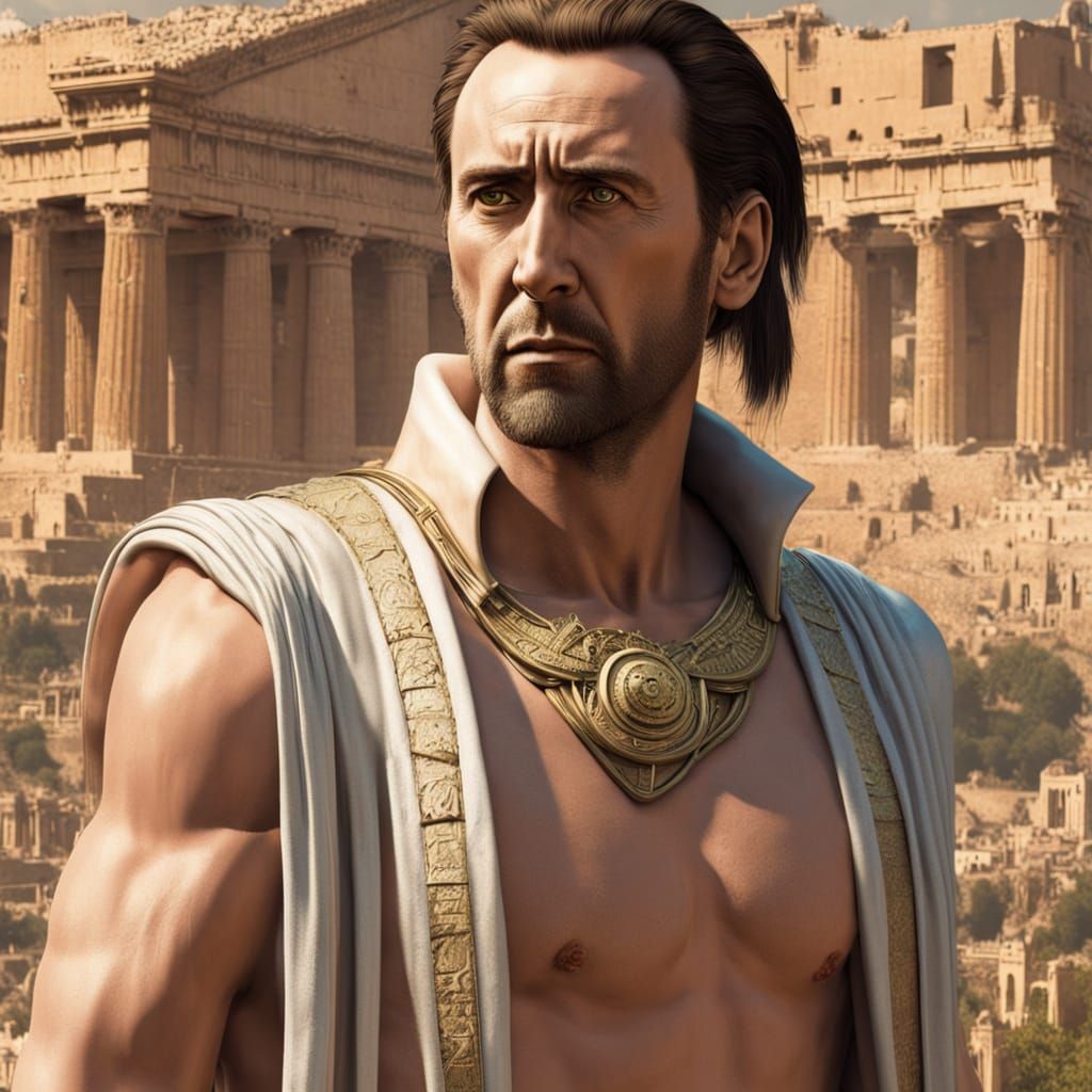 Cyberpunk Nic Cage in Ancient Greece