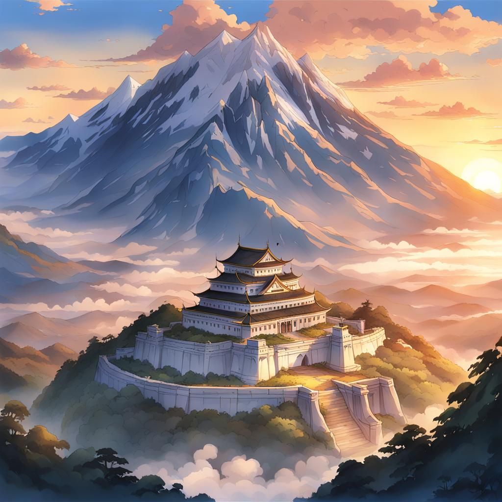 Mount Olympus in Anime Style at Dawn