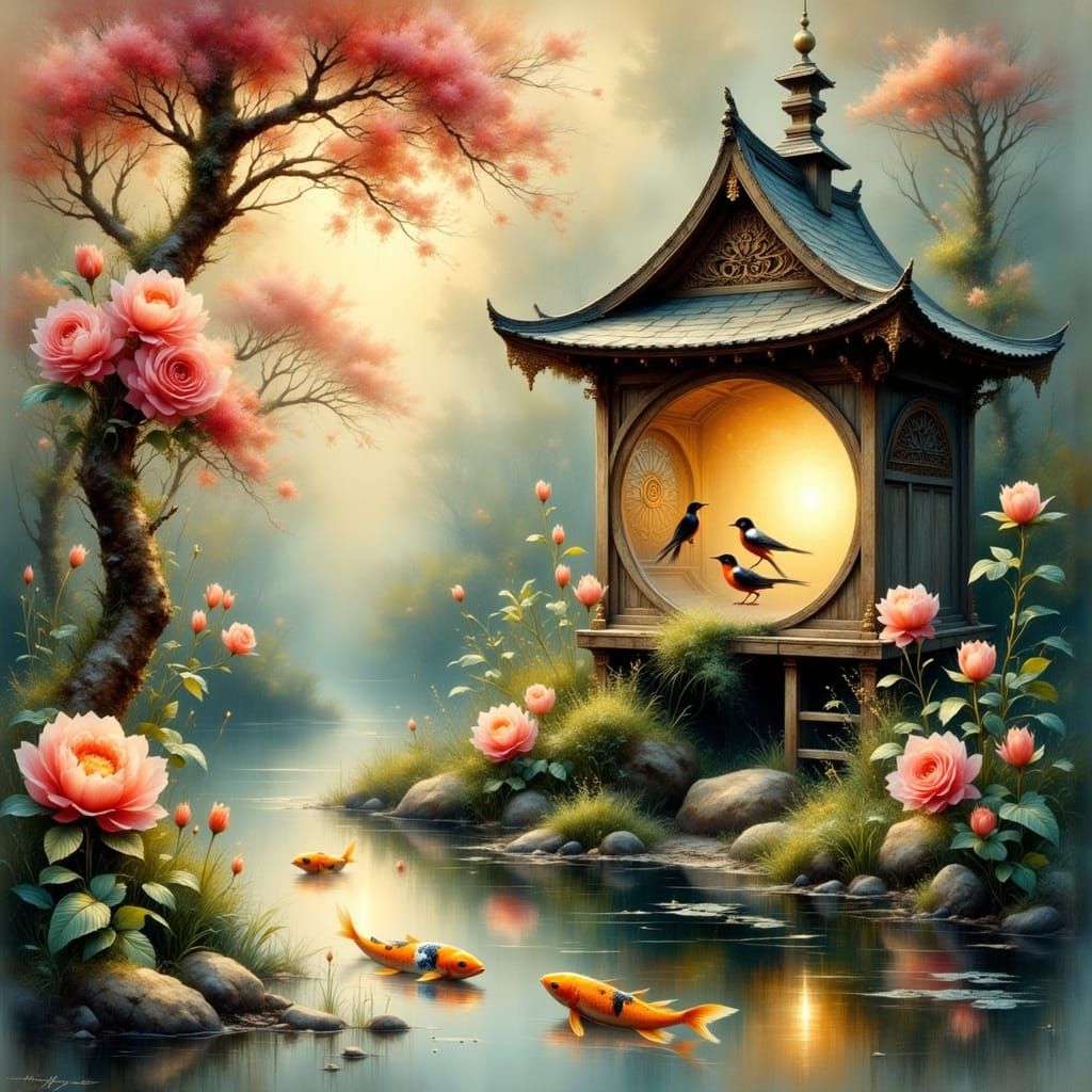 <lora:Ethereal Magic Flux:1.0> Ancient Japanese Pagoda-style birdhouse at dawn, where giant roses flowers bloom, their p...