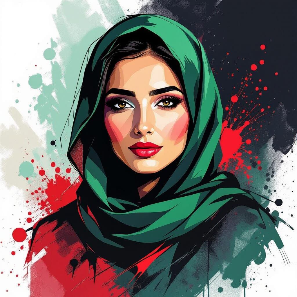 Vibrant Splash Art Portrait of a Palestinian Woman