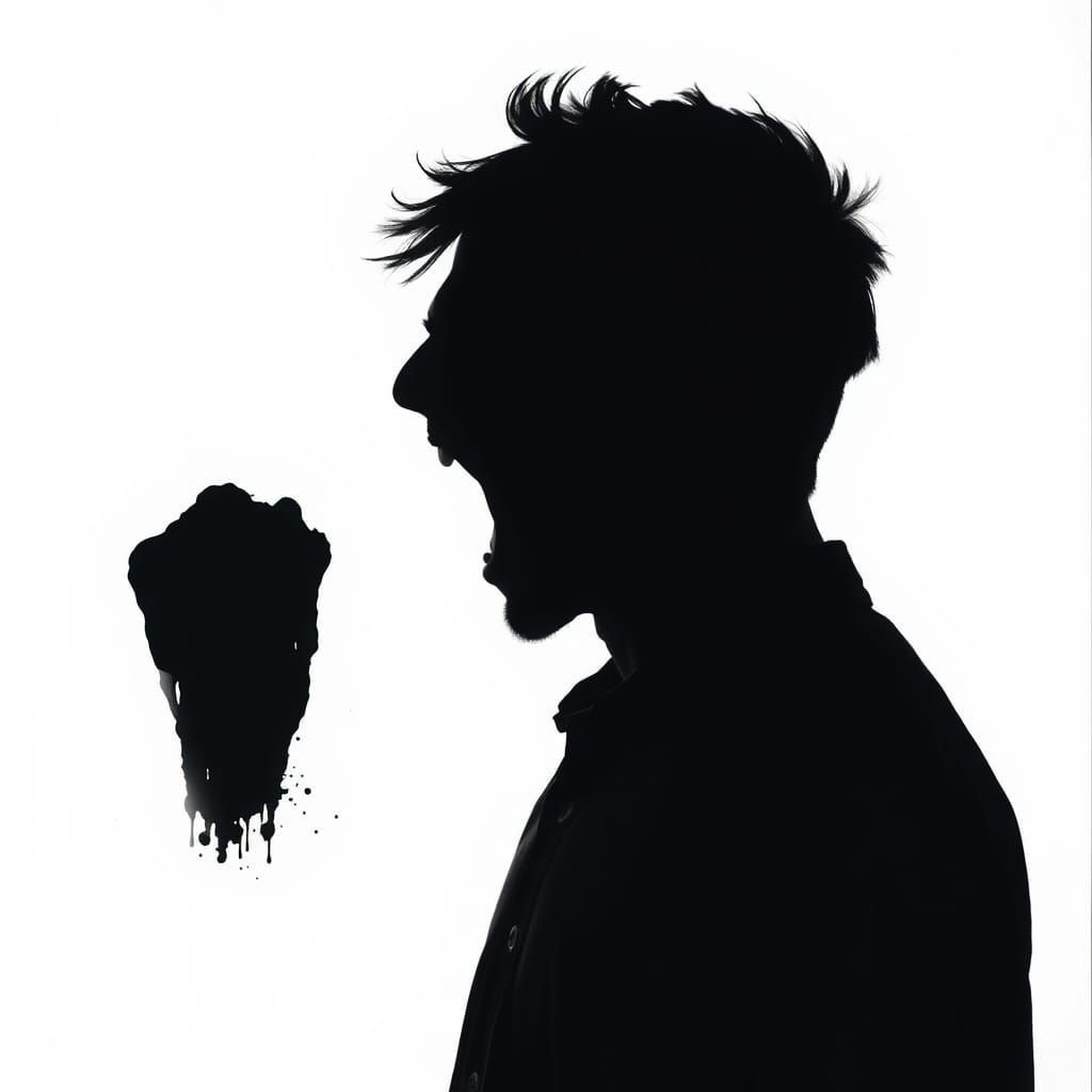 Furious Man Silhouette in Ink Blot Style