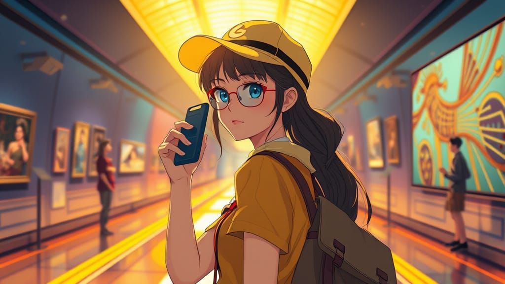 Anime-Inspired Line Art: Explorer Girl at Museum