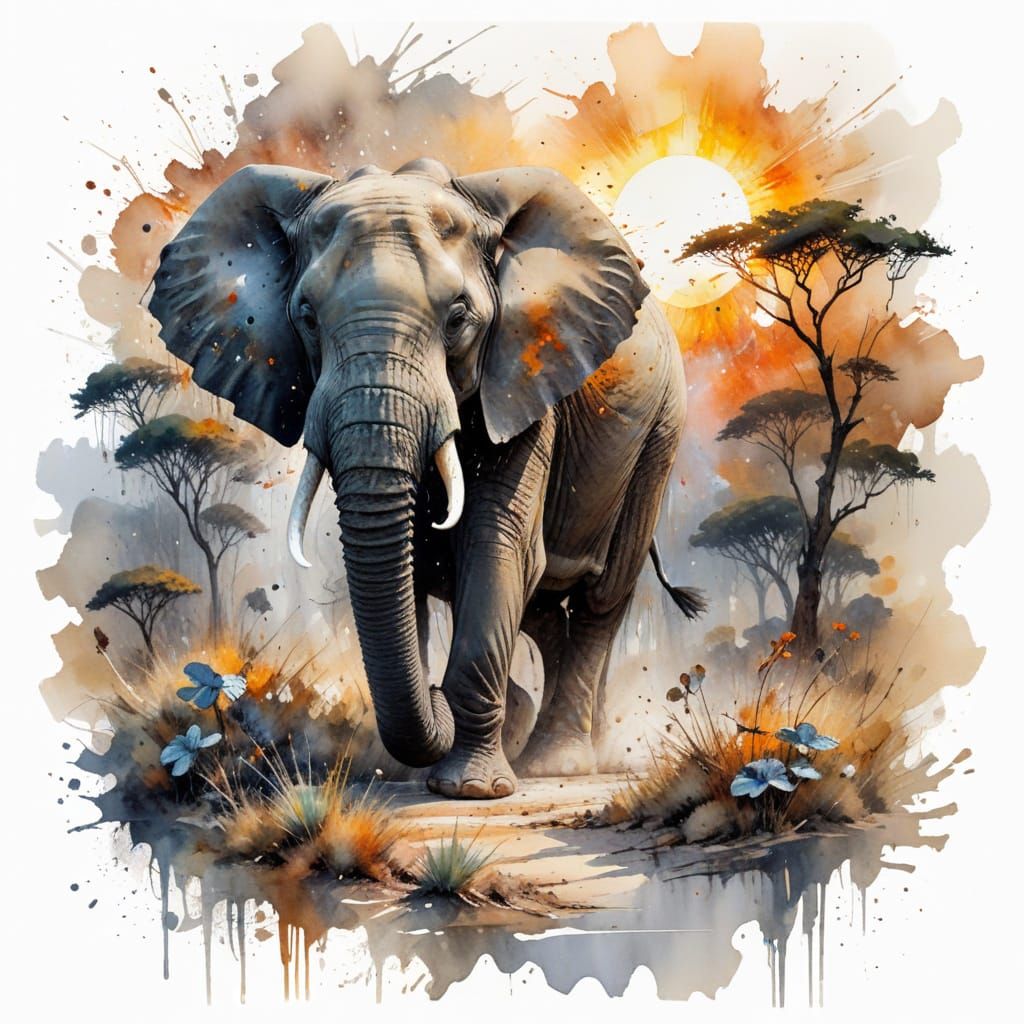 Elephant on Savanna in Watercolour Blend