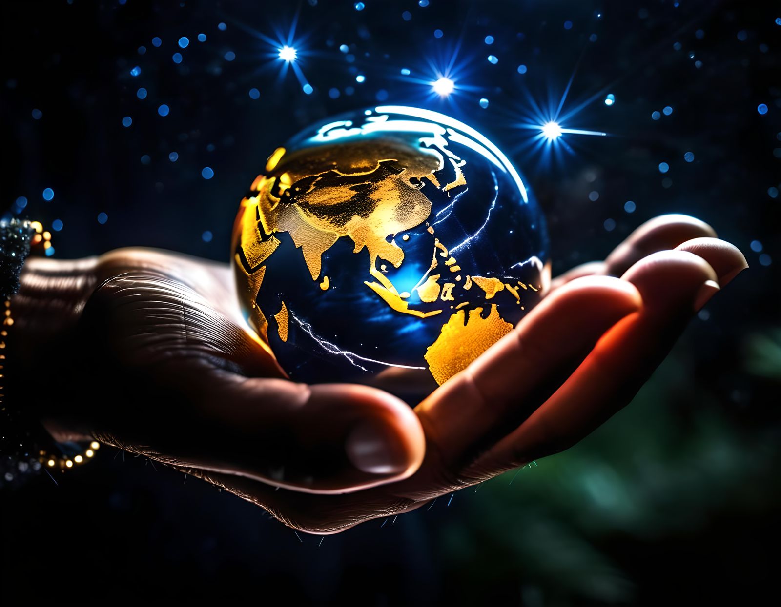 Hand Holding Earth with Lightning, Gothic Style