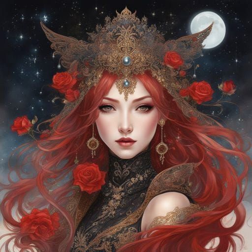 Gothic Japanese Princess Portrait with Red Hair