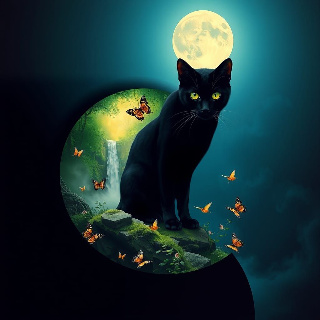 Mystical Cat Silhouette Containing Emerald Landscape