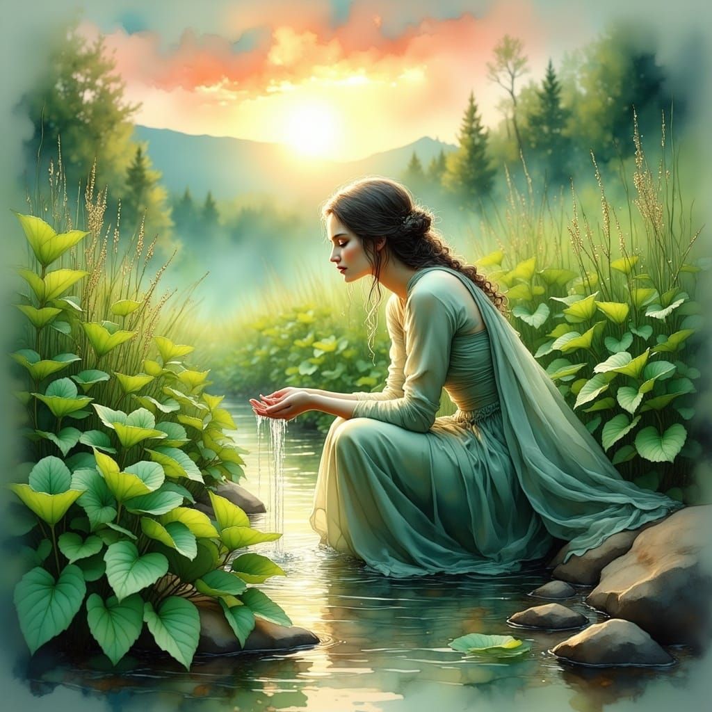 Serene Woman in Mint Valley at Dawn