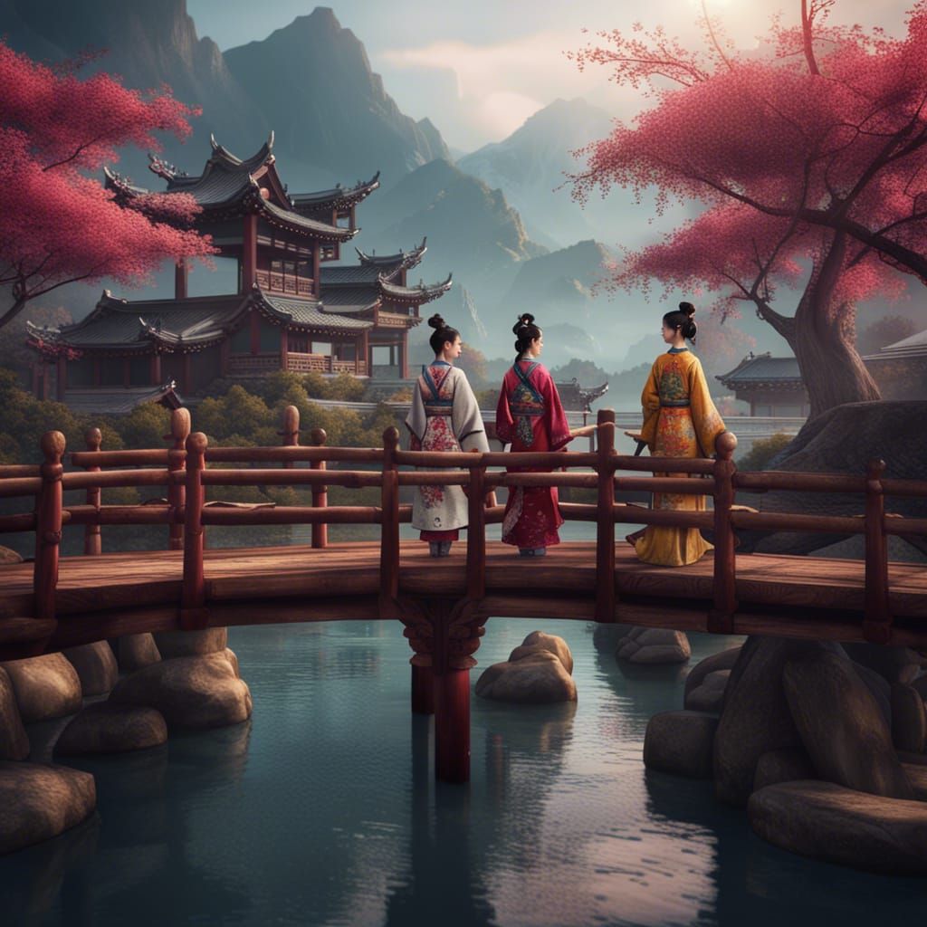 Beautiful Chinese Women on Bridge: Matte Painting