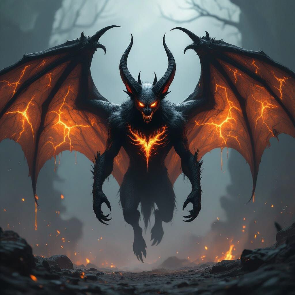 Gigantic Demonic Bat with Molten Scarred Wings in Epic Fanta...