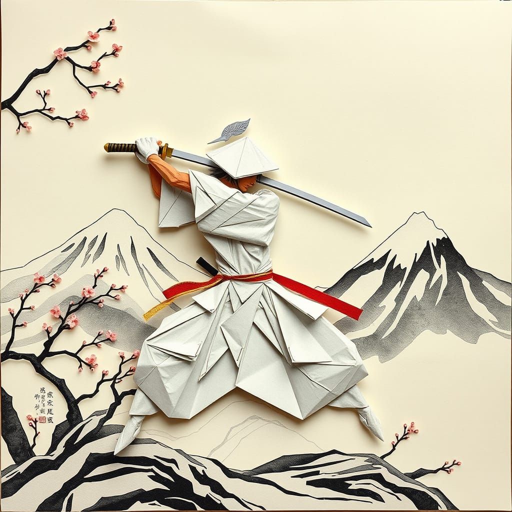 Origami Warrior in Dynamic Pose with Traditional Japanese Su...