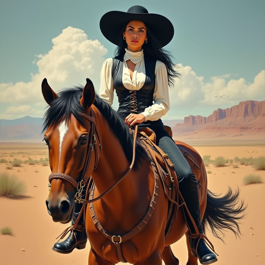 A Beautiful Mexican Woman Rides Horse Through Desert Landsca...