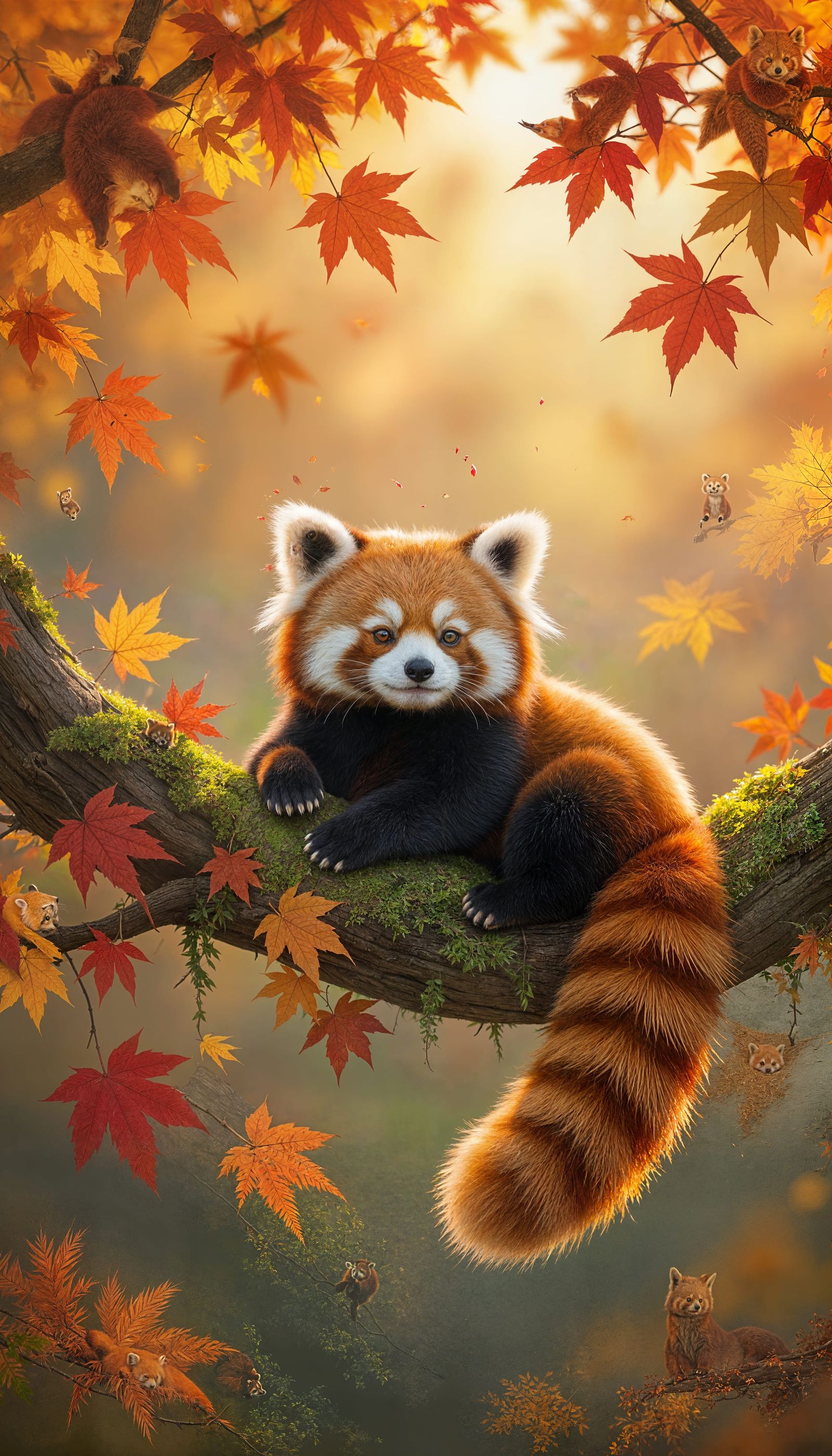 Red Panda Relaxing on Autumn Branch
